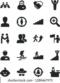 Solid Black Vector Icon Set - zoom vector, woman, women, hat with glasses, funny hairdo, workman, man in sight, goal, hand shake, conversation, scientist, arrow up, carrer stairway, winner, hands