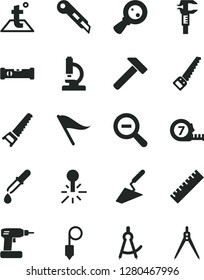 Solid Black Vector Icon Set - yardstick vector, zoom out, wind direction indicator, trowel, cordless drill, hand saw, arm, long meashuring tape, construction level, plummet, stationery knife, hammer