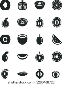 Solid Black Vector Icon Set - slices of onion vector, orange slice, half apricot, pomegranate, medlar, mango, peach, melon, loquat, cherry, passion fruit, kiwi, sour lime, guawa, piece coconut