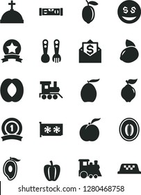 Solid Black Vector Icon Set - plastic fork spoons vector, baby toy train, children's, building level, ripe peach, quince, half of mango, loquat, melon, lemon, yellow, Bell pepper, gpu card, star