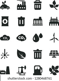 Solid Black Vector Icon Set - bin vector, solar panel, working oil derrick, leaves, leaf, gas station, windmill, hydroelectricity, industrial building, thermal power plant, factory, drop, CO2, trash