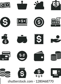 Solid Black Vector Icon Set - cards vector, coins, shopping basket, dollar, financial item, catch a coin, wallet, purse, money, cash, machine, cashbox, bag hand, rain, eyes, mail, atm