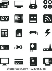 Solid Black Vector Icon Set - lightning vector, monitor, bank card, calculator, rss feed, screen, cards, math actions, processor, SIM, pc power supply, motherboard, usb, router, oscilloscope, atm