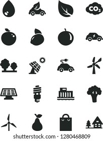 Solid Black Vector Icon Set - drop vector, pear, tangerine, yellow lemon, delicious apple, broccoli, big solar panel, leaf, windmill, wind energy, hydroelectric station, trees, saving bulb, eco car