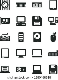 Solid Black Vector Icon Set - floppy disk vector, laptop, monitor, keyboard, computer, tablet pc, notebook, radiator fan, mouse, power supply, tower, card, hdd
