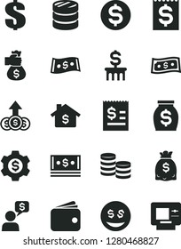 Solid Black Vector Icon Set - dollar vector, coins, column of, article on the, financial item, wallet, money, dollars, cash, bag hand, mortgage, gear, eyes, growth, dialog, atm
