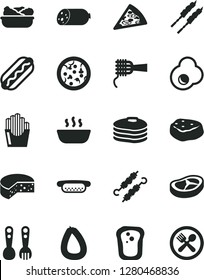 Solid Black Vector Icon Set - plastic fork spoons vector, sausage, stick of, cheese, pizza, piece, Hot Dog, mini, noodles, porridge, lettuce in a plate, bacon, barbecue, meat on skewers, egg, cafe