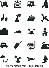 Solid Black Vector Icon Set - sand castle vector, plane, car baggage, camper, passenger, suitcase, rolling case, arnchair under umbrella, palm tree, diving mask, surfing, hotel, golf, cruiser, yacht