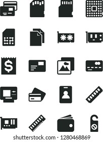 Solid Black Vector Icon Set - clean paper vector, picture, pass card, cards, processor, SIM, front of the bank, financial item, wallet, memory, pc, gpu, sd, identity, atm, credit, do not distrub