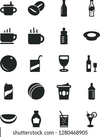 Solid Black Vector Icon Set - mug for feeding vector, bottle, measuring, bath ball, e, coffee, a plate of milk, beans, cup tea, coffe to go, glass soda, can, orange, piece coconut, wine, cocktail