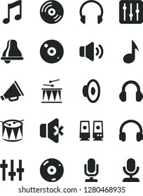Solid Black Vector Icon Set - bell vector, desktop microphone, horn, loudspeaker, drumroll, drum, headphones, music, CD, regulator, volume, no sound, pc speaker, note, settings