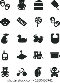 Solid Black Vector Icon Set - baby powder vector, bib, rubber duck, warm socks, toy mobile phone, children's potty, teddy bear, small, hairdo, train, yule, tricycle, shoes for little children, child