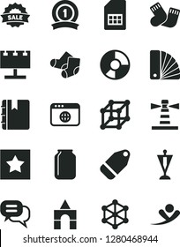 Solid Black Vector Icon Set - warm socks vector, Knitted, box of bricks, color samples, notebook, label, SIM card, jar, lighthouse, billboard with illumination, ring diagram, sale, browser, 3d cube