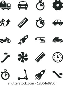 Solid Black Vector Icon Set - truck lorry vector, stopwatch, motor vehicle, child Kick scooter, car, delivery, marine propeller, retro, rocket, space, wall watch, memory, man arrow up, helicopter