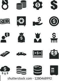 Solid Black Vector Icon Set - dollar vector, strongbox, coins, column of, get a wage, dollars, cash, gold ring, bar, money rain, coin, gear, king, limousine, mail, dialog, safe