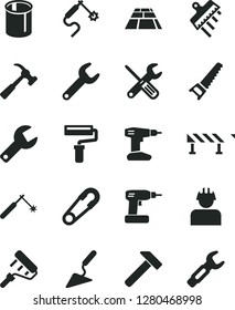 Solid Black Vector Icon Set - paint roller vector, repair key, safety pin, building trowel, small tools, cordless drill, hand saw, spatula, paving slab, road fence, hammer, with claw, builder, pipes