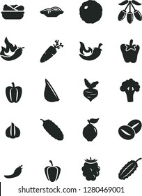 Solid Black Vector Icon Set - slices of onion vector, lettuce in a plate, cabbage, cucumber, chili, peper, garlic, carrot, coffee beans, quince, blackberry, goji berry, Bell pepper, ripe, red, hot