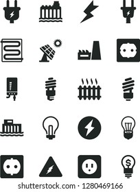 Solid Black Vector Icon Set - incandescent lamp vector, saving light bulb, power socket type b, f, lightning, heating coil, electronic boiler, big solar panel, hydroelectric station, plug, electric