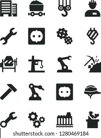 Solid Black Vector Icon Set - workman vector, hook, winch, concrete mixer, power socket type f, buildings, helmet, hammer, coal mining, hydroelectricity, gears, tower crane, robot welder, assembly