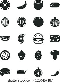 Solid Black Vector Icon Set - sausage vector, piece of cheese, pizza, big burger, mushroom, cake slice, strawberry, half pomegranate, tasty raspberry, melon, mango, water, cherry, banana, kiwi