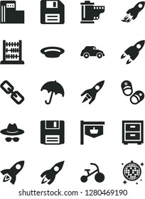 Solid Black Vector Icon Set - floppy disk vector, spectacles, hat with glasses, camera roll, bedside table, tricycle, child shoes, abacus, umbrella, plate, modern gas station, retro car, rocket