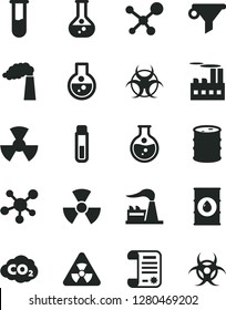 Solid Black Vector Icon Set - round flask vector, manufacture, factory, oil, barrel, industrial building, radiation, carbon dyoxide, water filter, research article, test tube, molecule, nuclear