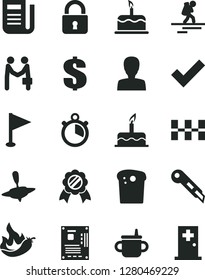 Solid Black Vector Icon Set - woman vector, check mark, dollar, pennant, mug for feeding, small yule, cake, ceramic tiles, stationery knife, lock, Easter, hot pepper, newspaper, motherboard, medal