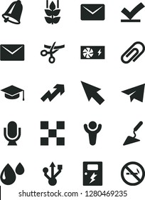 Solid Black Vector Icon Set - clip vector, paper airplane, growth up, building trowel, tile, dangers, bell, envelope, microphone, square academic hat, mint, drop, pc power supply, usb, mail, cursor