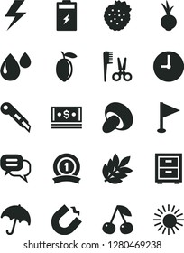 Solid Black Vector Icon Set - lightning vector, bedside table, pennant, accessories for a hairstyle, stationery knife, wall clock, umbrella, porcini, beet, strawberries, cherry, lemon, drop, cash