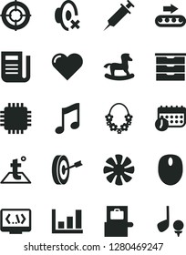 Solid Black Vector Icon Set - silent mode vector, storage unit, small rocking horse, temperature, heart, music, production conveyor, schedule, newspaper, fan, mouse, cpu, coding, growth graph, aim