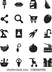 Solid Black Vector Icon Set - magnifier vector, sitting stroller, plummet, kitchen faucet, crossed cart, package, pie, garlic, popsicle, cone, pomegranate, bananas, coconut, industrial building