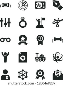 Solid Black Vector Icon Set - atom vector, glasses, settings, oscilloscope, radar, medal, lunar rover, 3d cube, ink pen, resistor, man hands up, with, flag, pennant, star ribbon, certificate