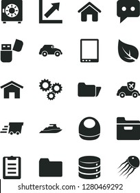 Solid Black Vector Icon Set - folder vector, growth chart, baby bib, house, home, big data, strongbox, leaf, retro car, autopilot, three gears, urgent cargo, think, tablet pc, usb flash, clipboard