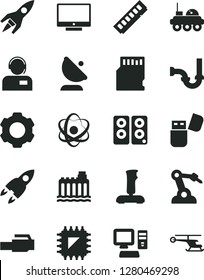 Solid Black Vector Icon Set - sewerage vector, screen, operator, hydroelectricity, smd, satellite antenna, robot welder, computer, memory, usb flash, pc speaker, lan connector, joystick, sd card