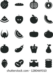 Solid Black Vector Icon Set - loaf vector, tomato, peper, coffee beans, strawberries, pear, pomegranate, half, tasty apple, raspberry, slice of melon, water, cherry, delicious, physalis, eggplant