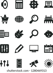Solid Black Vector Icon Set - laptop vector, calendar, loudspeaker, children's hairdo, interroom door, city block, screen, regulator, put in cart, industrial factory, gear, globe, pencil, telescope