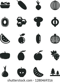 Solid Black Vector Icon Set - mushroom vector, lettuce in a plate, cucumber, beet, orange slice, honeycombs, ripe peach, half pomegranate, grape, tasty apple, of medlar, blueberry, water melon