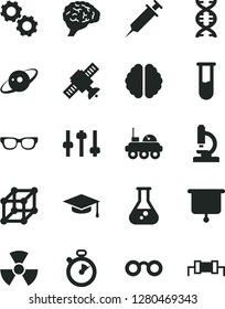 Solid Black Vector Icon Set - flask vector, test tube, microscope, glasses, nuclear, dna, brain, gears, settings, satellite, graduate hat, saturn, lunar rover, syringe, presentation board, stopwatch