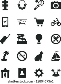 Solid Black Vector Icon Set - sail boat vector, air balloon, bike, identity card, security gate, phone registration, rolling case, beach, sun, palm tree, hawaii wreath, aquapark, cafe, camera, pets