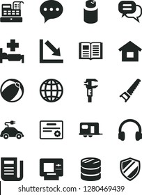 Solid Black Vector Icon Set - negative chart vector, powder, baby bath ball, dwelling, hand saw, speech, book, earth, electric car, caliper, column of coins, newspaper, cash machine, headphones, atm