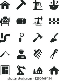 Solid Black Vector Icon Set - house vector, workman, trowel, concrete mixer, window, adjustable wrench, ceramic tiles, plummet, spatula, hammer, with claw, working oil derrick, water pipes, pipe