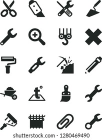 Solid Black Vector Icon Set - paint roller vector, scissors, clip, graphite pencil, zoom, cross, winch hook, garden trolley, trowel, small tools, plastic brush, knife, temperature, coal mining