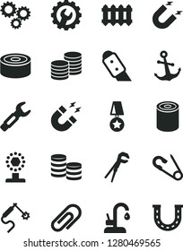 Solid Black Vector Icon Set - clip vector, open pin, adjustable wrench, gear, knife, new radiator, kitchen faucet, anchor, coins, canned goods, tin, magnet, gas welding, steel repair key, cup, luck