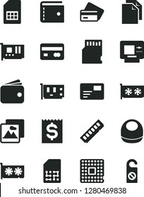 Solid Black Vector Icon Set - purse vector, clean paper, baby bib, picture, pass card, processor, SIM, reverse side of a bank, financial item, wallet, memory, pc, gpu, sd, atm, credit