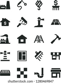 Solid Black Vector Icon Set - dwelling vector, hook, window, paint roller, ladder, siphon, tile, brick, spatula, paving slab, hammer with claw, kiosk, factory, thermal power plant, gas welding