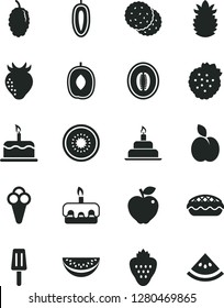 Solid Black Vector Icon Set - birthday cake vector, torte, apple pie, popsicle, cone, strawberry, strawberries, biscuit, red, mulberry, delicious plum, half melon, water slice, sweet date fruit