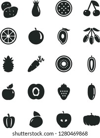 Solid Black Vector Icon Set - carrot vector, strawberry, cherry, half apricot, tasty apple, rose hip, of mango, goji berry, date fruit, tangerine, sweet, yellow lemon, juicy, kiwi, passion, potato