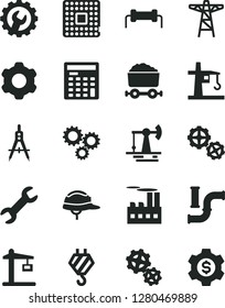 Solid Black Vector Icon Set - hook vector, gears, cogwheel, helmet, gear, working oil derrick, water pipes, power pole, industrial building, tower crane, Construction, processor, Measuring compasses