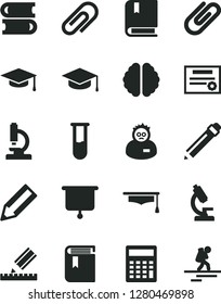 Solid Black Vector Icon Set - clip vector, graphite pencil, calculator, book, e, books, drawing, square academic hat, test tube, microscope, brain, scientist, graduate, presentation board, patente