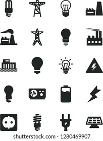 Solid Black Vector Icon Set - danger of electricity vector, matte light bulb, lightning, charge level, factory, hydroelectric station, power line, pole, electric plug, socket, industrial building